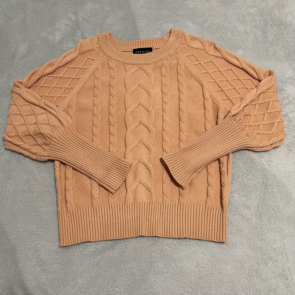 Premies Sweater Womens Small Tan Peach Cable Knit Cozy Jumper Bishop‎ Sleeves